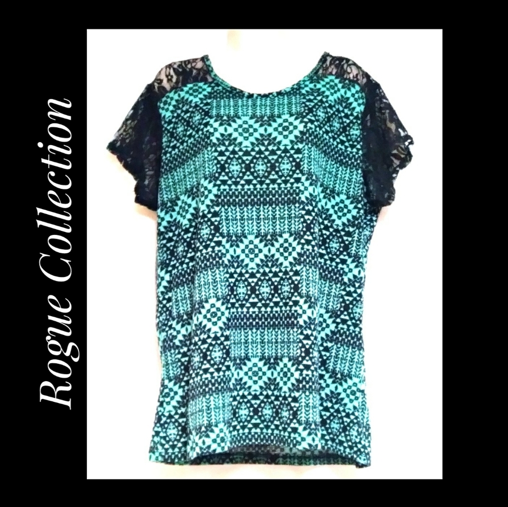 Tribal Print Rib Knit Tee Turquoise Black Lace 3X